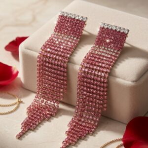 Blush Shimmer Ombrè Pink Tassel Statement Earrings-Platinum Finish