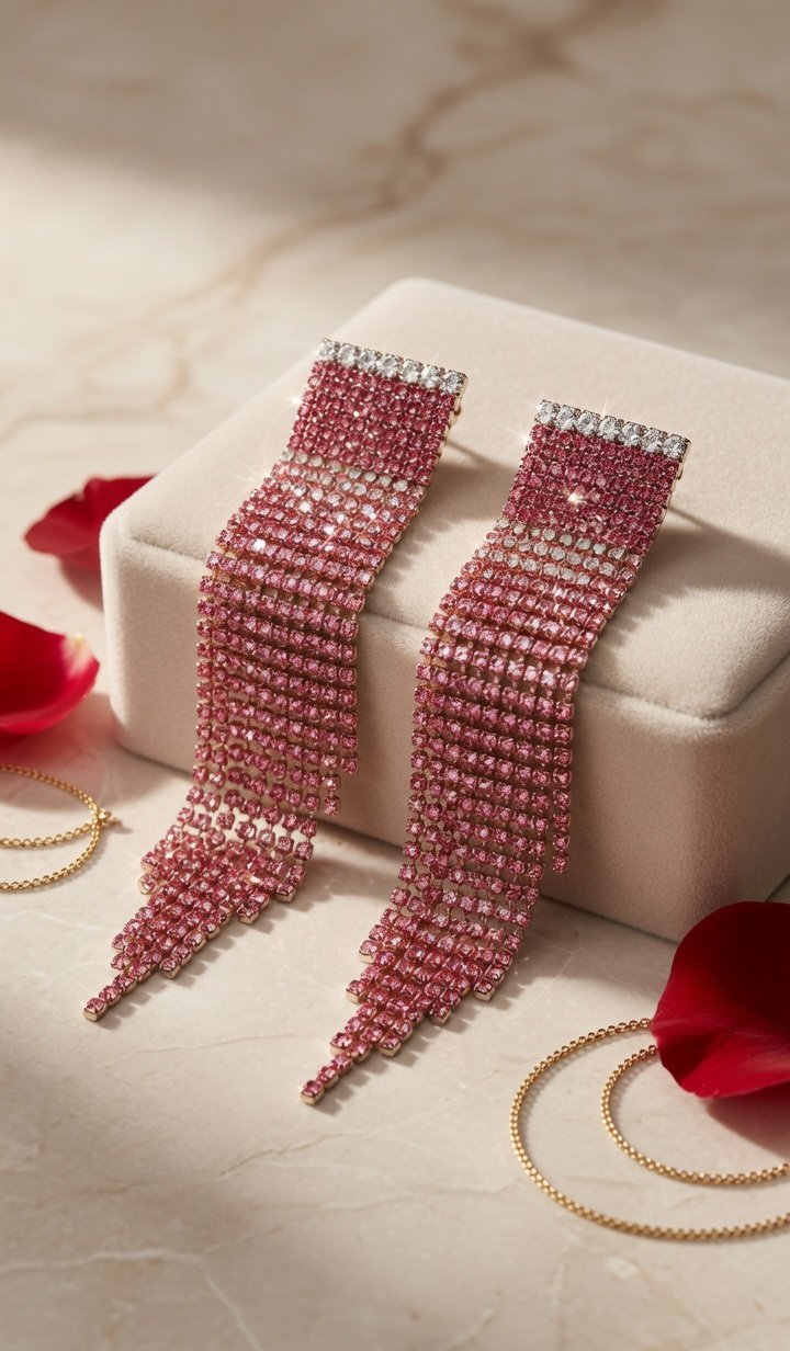 Blush Shimmer Ombrè Pink Tassel Statement Earrings-Platinum Finish