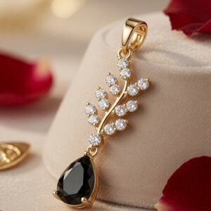 The Elara Black Onyx Botanical Drop Pendant-Gold Finish