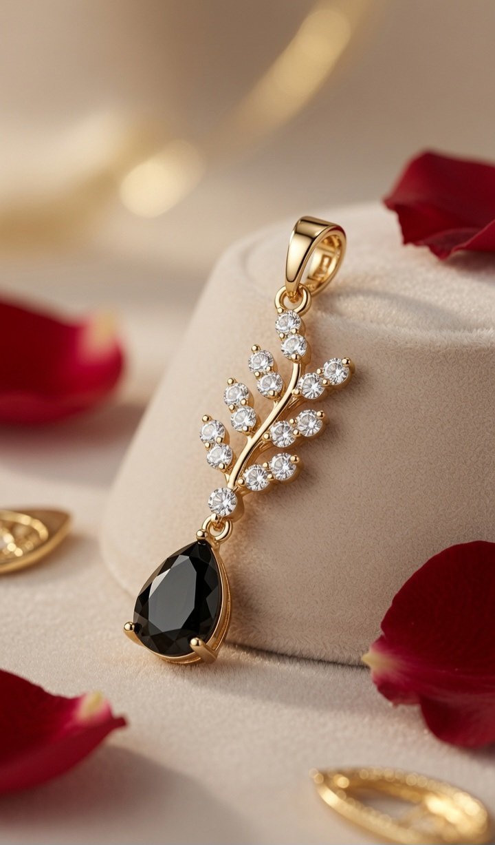 The Elara Black Onyx Botanical Drop Pendant-Gold Finish