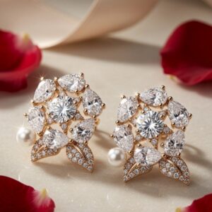 The Isabella Floral Cluster Pear-Cut Miniature Studs-Gold Finish