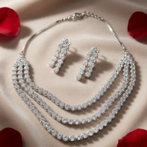 The Reverie Silver Triple-Row Zirconia Tennis Necklace Set-Platinum Finish
