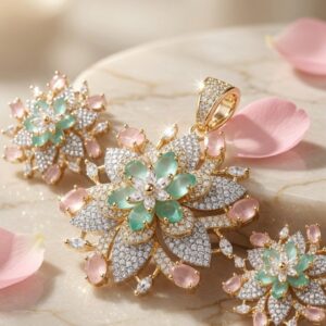 The Flora Majesty Mint And Rose Quartz Floral Pendant Set-Gold Finish