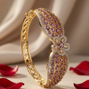 The Amethyst Royal Floral Bow Cuff Kada Bracelet-Gold Finish