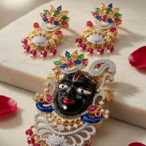 The Navratana Crown Shrinathji Divine  Black Enamel Pendant Set-Gold Finish