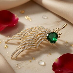 The Royal Emerald Heart Angel Wing Brooch-Gold Finish