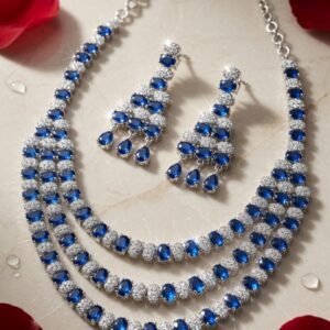 Midnight Azure Cascading Three-Layer Sapphire Necklace Set-Platinum Finish