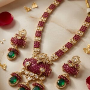 The Ruby Royal Dholna And Emerald Drop Kundan Barrel Necklace Set-Gold Finish
