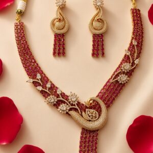 The Royal Mayura Ruby Strand And Peacock Cz Necklace Set-Gold Finish