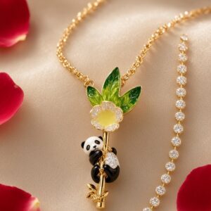 Zenith Bamboo Grove Panda And Bamboo Enamel Pendant Chain-Gold Finish
