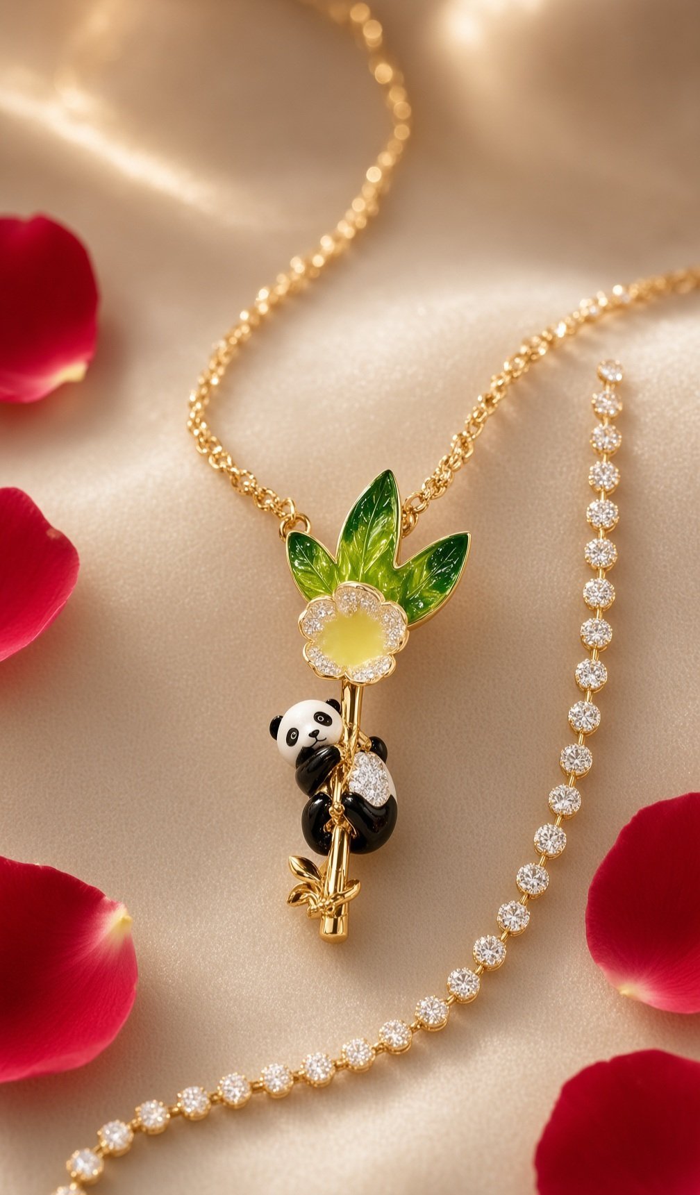 Zenith Bamboo Grove Panda And Bamboo Enamel Pendant Chain-Gold Finish
