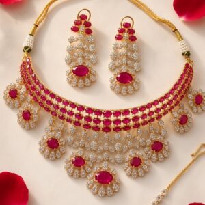The Royal Gulaab Bridal Ruby Red Maharani Cz Choker With Mangtika-Gold finish