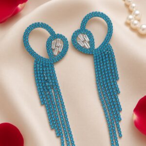 Azure Blue Baguette Waterfall Ribbon Tassel Earrings-Platinum Finish