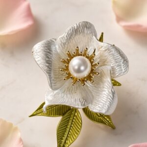White Textured Camellia And Gold Leaf Peral Brooch-Gold Finish
