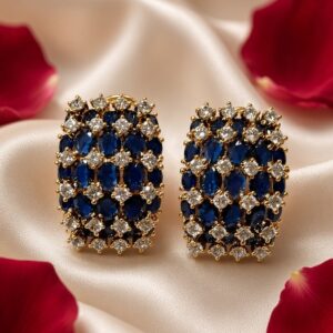The Royal Sovereign Sapphire And Pavè Cz Grid Cluster Studs-Gold Finish