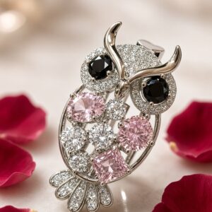 The Athena Pavè Horned Owl Gemstone Brooch-Platinum Finish