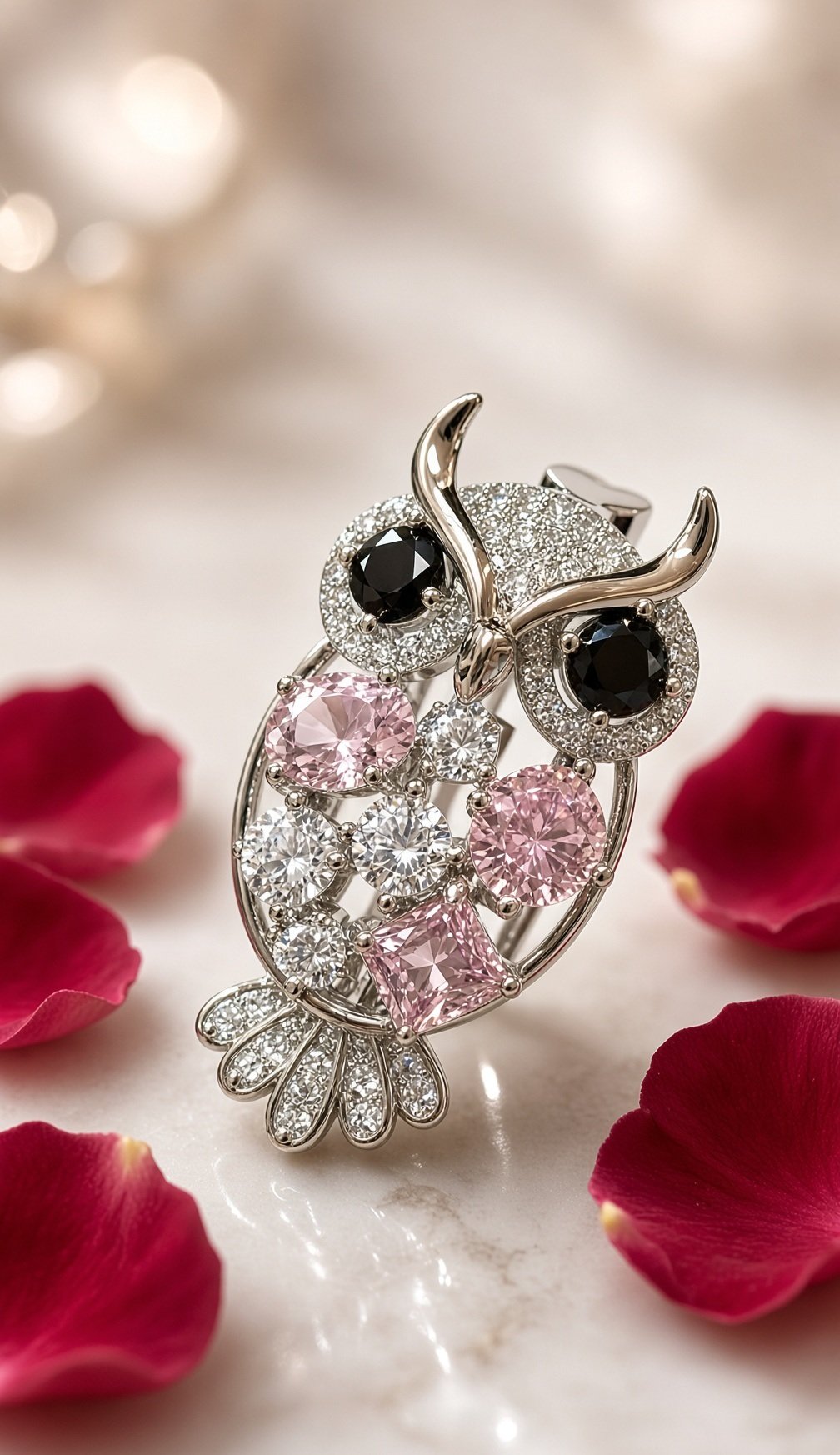 The Athena Pavè Horned Owl Gemstone Brooch-Platinum Finish