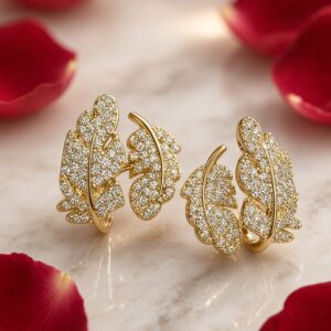 Verdant Leaf And Feather Cluster Semi Hoops-Gold Finish