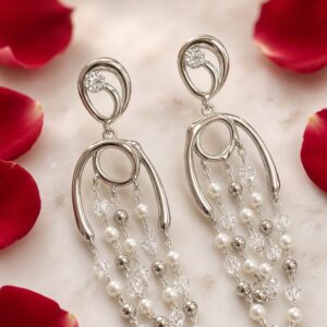 Modernist Beaded Waterfall Tiered Earrings-Platinum Finish
