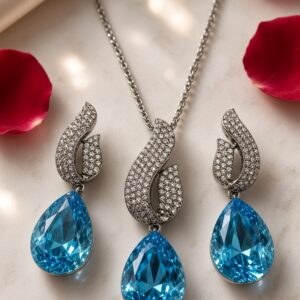 Imperial Wave Micro-Pavè Sky Blue Pendant Set-Black Rhodium Finish