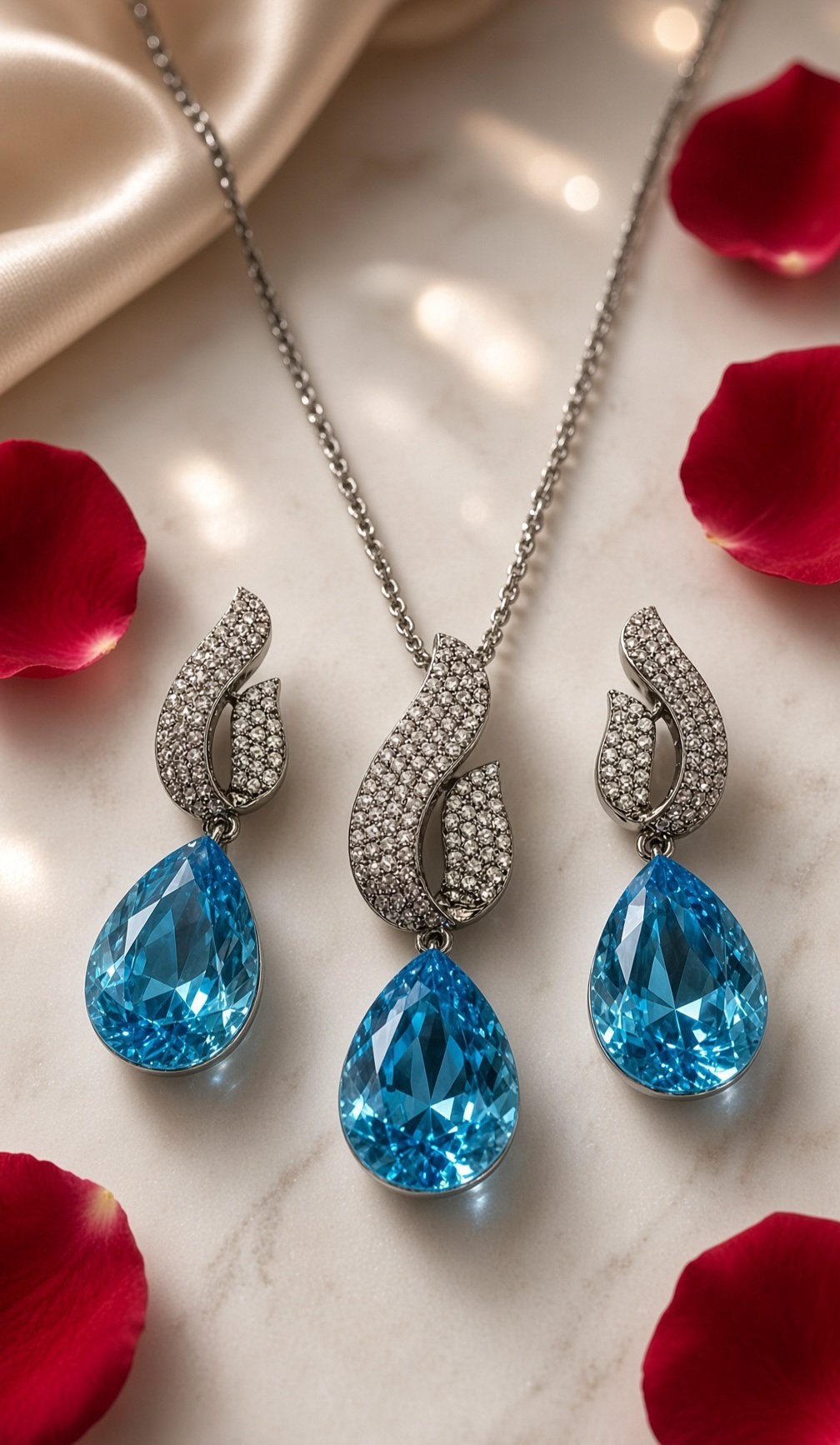 Imperial Wave Micro-Pavè Sky Blue Pendant Set-Black Rhodium Finish