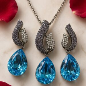Royal Sinuous Micro-Pavè And Ocean Blue Pear-Cut Pendant Set-Black Rhodium Finish