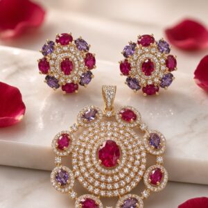 TheRoyal Madala Ruby And Amethyst Circular Pendant Set-Gold Finish