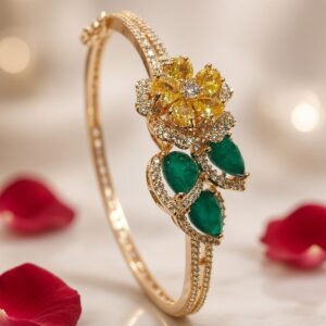 Imperial Botanical Pavè Diamond-Style Emerald Drop Floral Kada Bracelet-Gold Finish