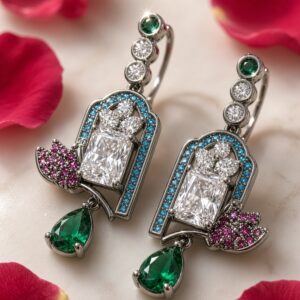 The Royal Jharokkha Emerald And Ruby Multi-Gemstone Earrings-Black Rhodium Finish