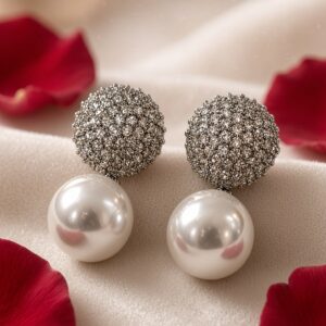 The Celestia Cz Pavè SphereAnd Peral Drop Earrings-m-Black Rhodium Finish
