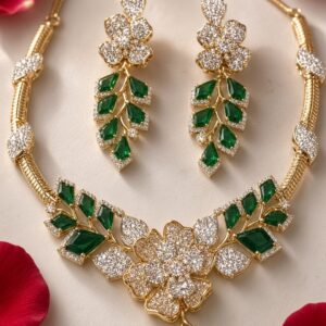 Elysian Verdant Garden Pavè Leaf And Diamond-Style Choker Set-Gold Finish