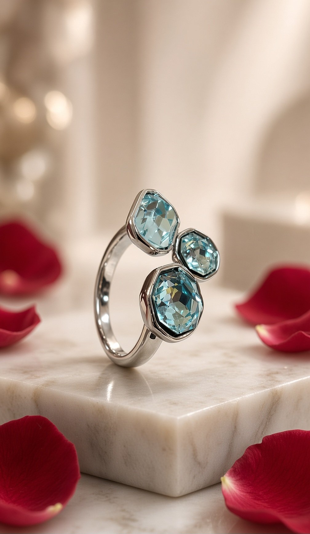 Lumina Blue Azure Asymmetric Multi-Stone Adjustable Ring-Platinum Finish
