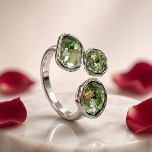 Botanica Asymmetric Olive-Gem Peridot Open Adjustable Ring-Platinum Finish