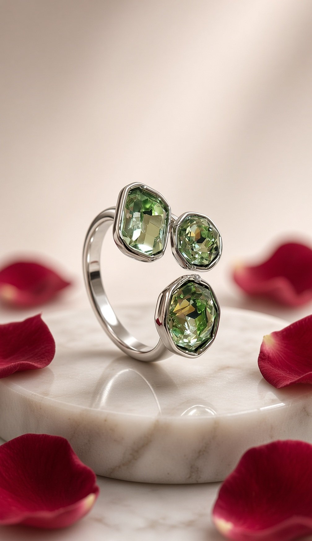 Botanica Asymmetric Olive-Gem Peridot Open Adjustable Ring-Platinum Finish