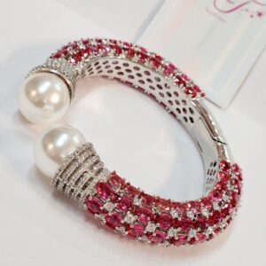 Modern Diamond Look Red Wine  Front Openable Platinum Finish Bracelet