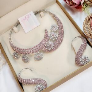 The Roseate Royale: Premium Pink Zirconia & Silver-Finish Floral Suite