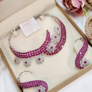 The Roseate Royale: Premium Ruby Zirconia & Silver-Finish Floral Suite