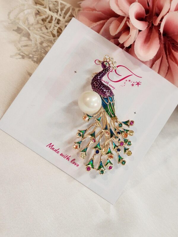 Peacock on Pearl Brooch