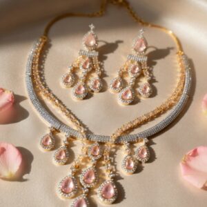 Rose Pink Layered Aura Choker Set in Golden Finish