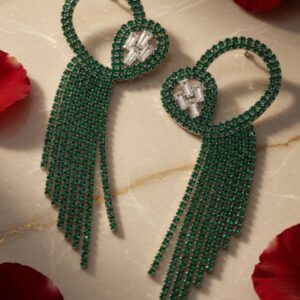 The Emerald Grotto Emerald Green Rhinestone Fringe Statement Earrings-Platinum Finish