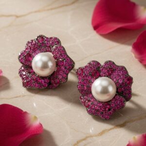 Ruby Bloom Pearl Studs-Black Rhodium Finish