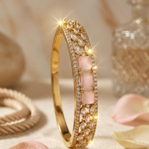 Pink Opal And Marquise Diamond-Style Hinged Kada Bracelet-Gold Finish