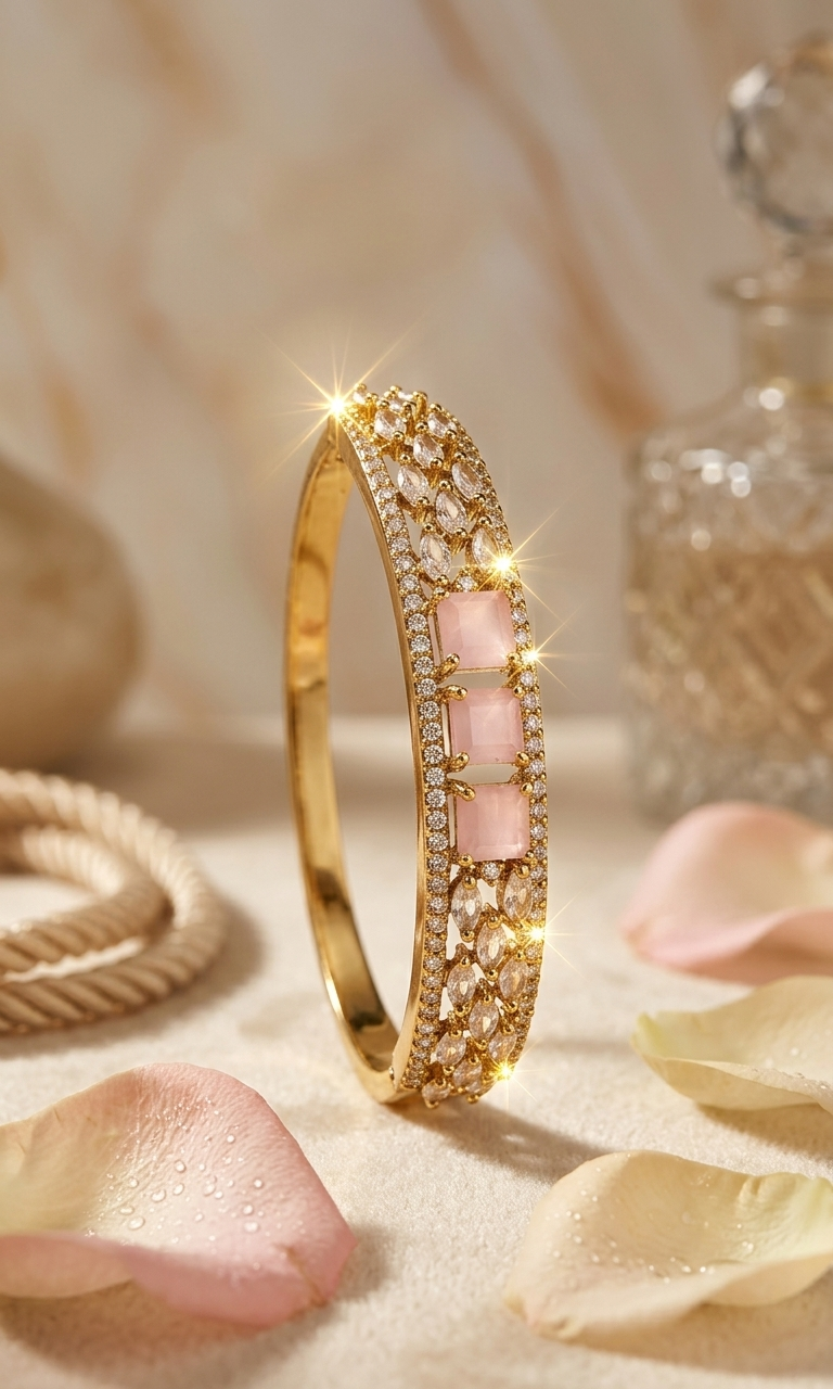 Pink Opal And Marquise Diamond-Style Hinged Kada Bracelet-Gold Finish