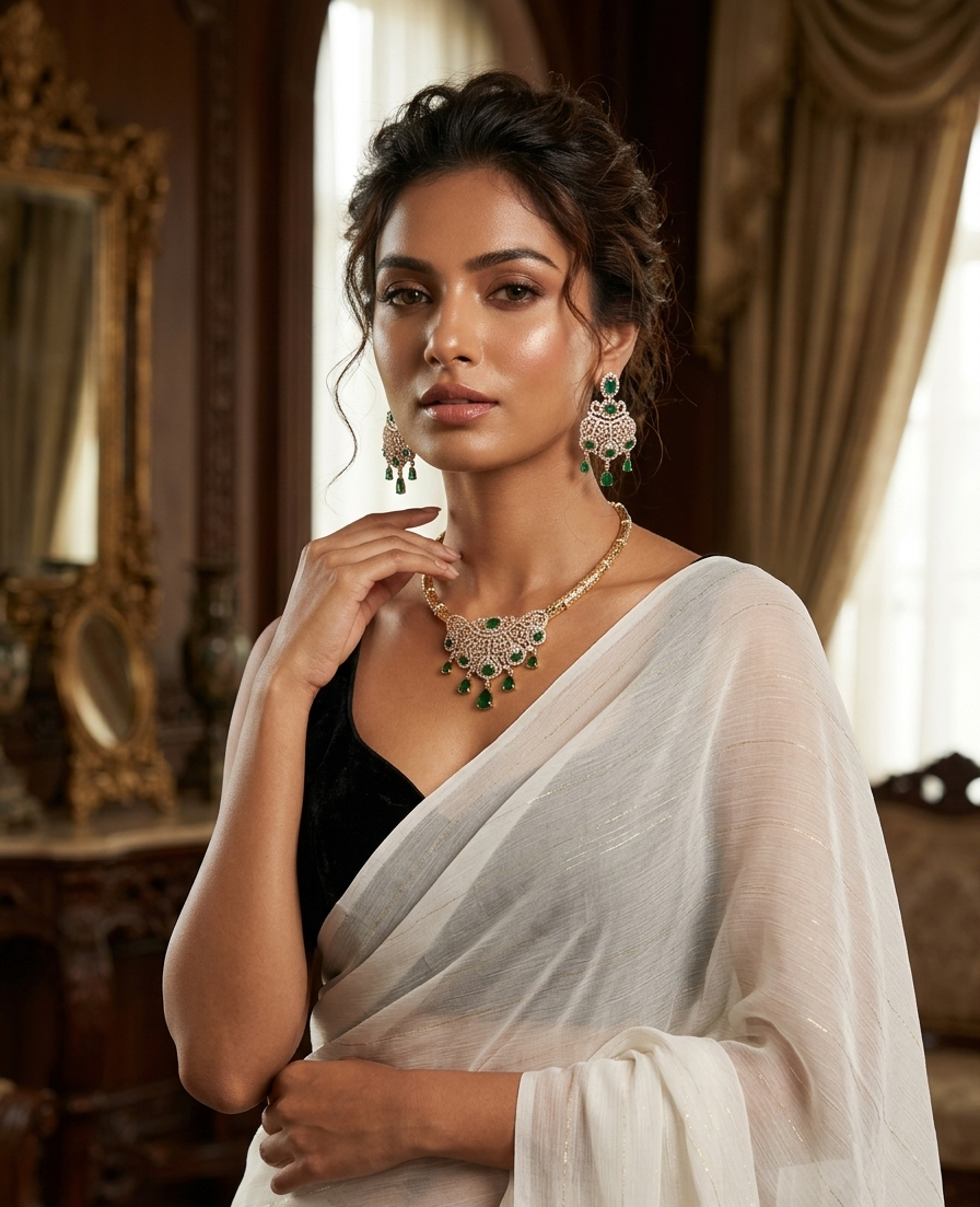 Luxury Gold And Diamond-Style Emerald Fringe Choker Set-Gold Finish - Image 2