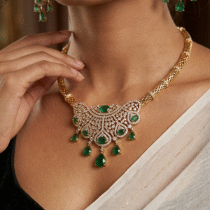 Luxury Gold And Diamond-Style Emerald Fringe Choker Set-Gold Finish