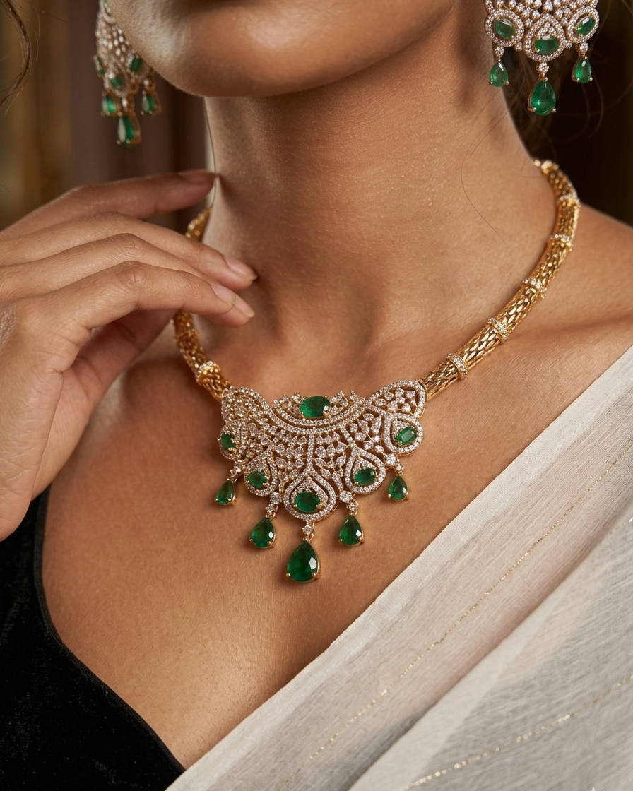 Luxury Gold And Diamond-Style Emerald Fringe Choker Set-Gold Finish