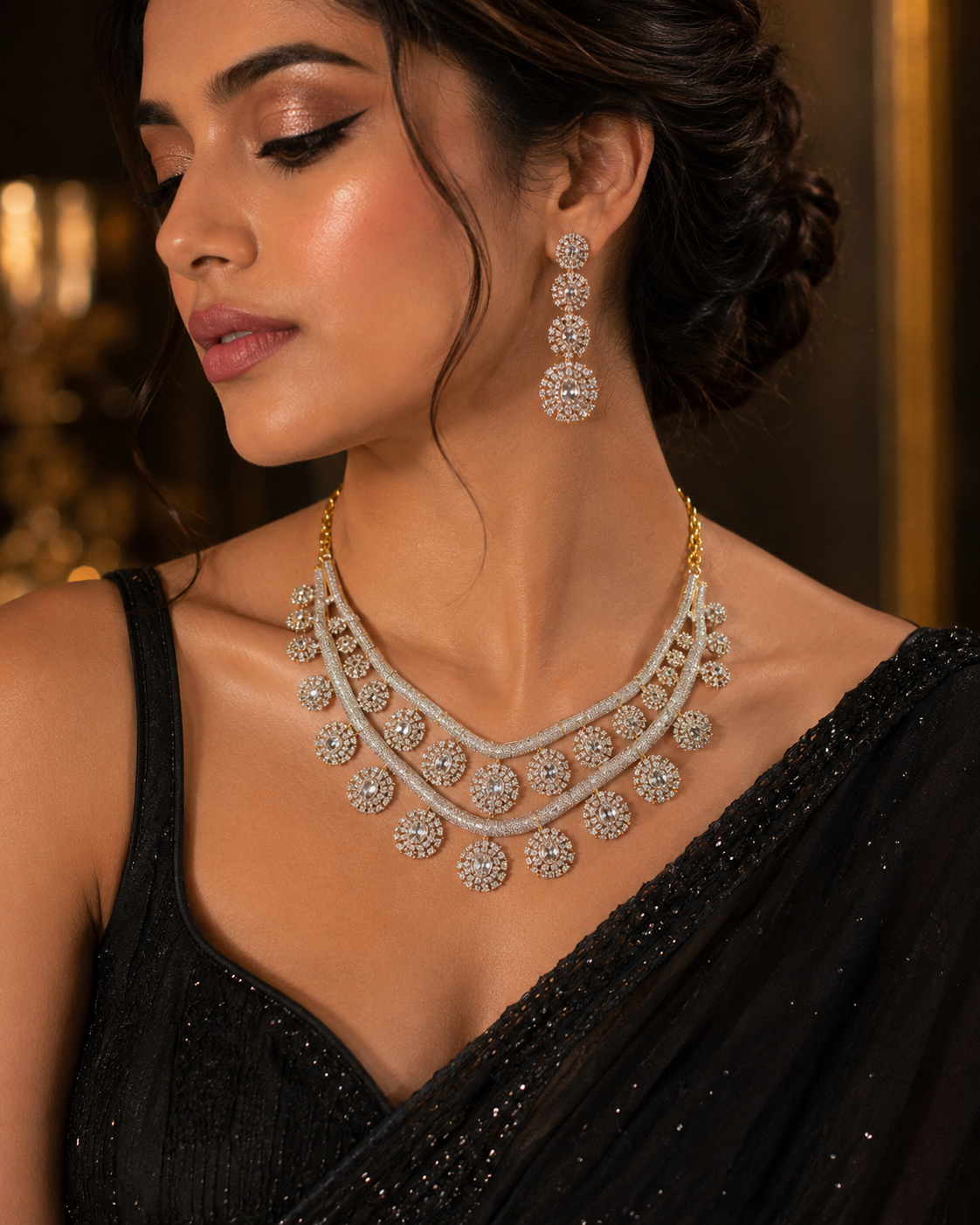 The Astral Tier Diamond Pavè Circular Motif Drop Choker Set-Gold Finish - Image 2
