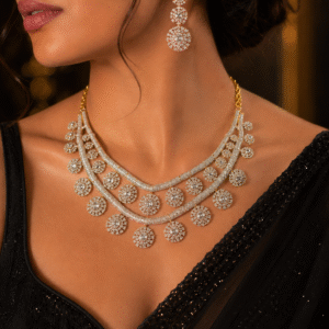 The Astral Tier Diamond Pavè Circular Motif Drop Choker Set-Gold Finish