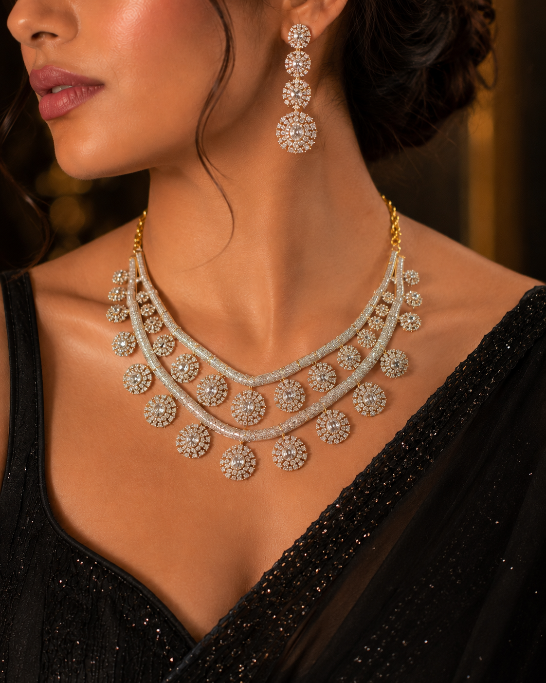 The Astral Tier Diamond Pavè Circular Motif Drop Choker Set-Gold Finish