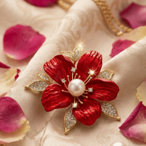 The Carlotta Ruby Blossom Red Floral Brooch With Pavè Leaves-Gold Finish